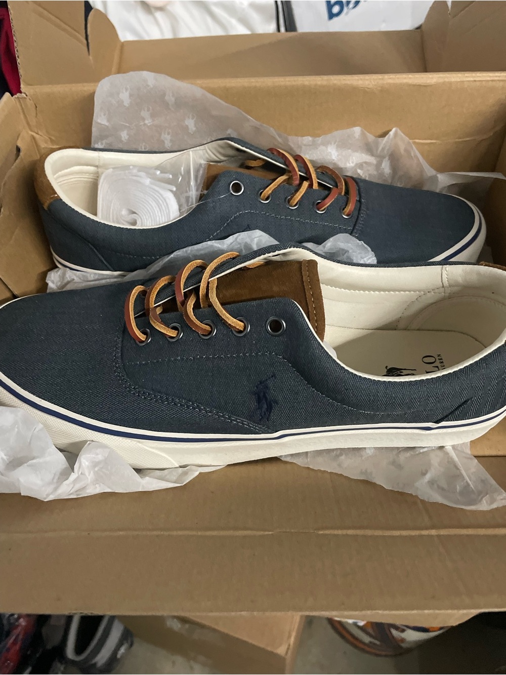 Polo by Ralph Lauren Navy Canvas Low-Top Sneakers with Brown Accents